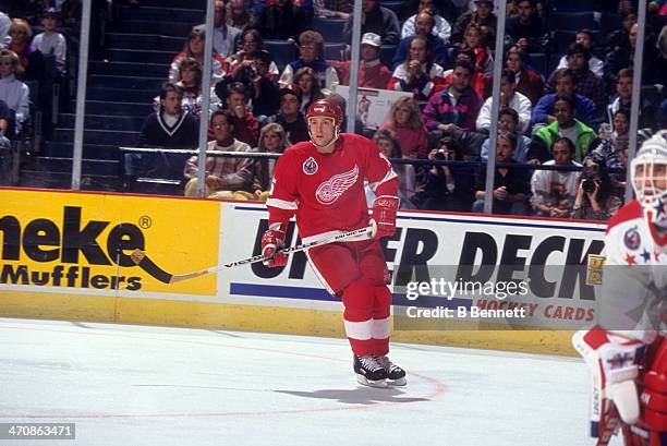 Sheldon Kennedy of the Detroit Red Wings skates on the ice during an NHL game against the Washington Capitals on November 20, 1992 at the Capital...