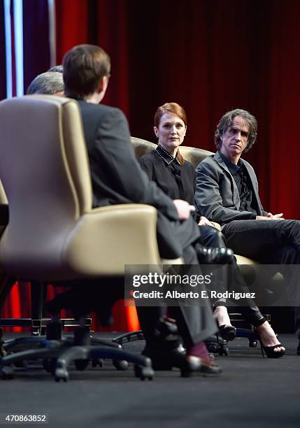 Moderator Brent Lang, actress Julianne Moore and filmmaker Jay Roach speak onstage during CinemaCons final day luncheon and special presentation at...