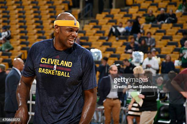 Brendan Haywood of the Cleveland Cavaliers warms up before a game against the Boston Celtics in Game Three of the Eastern Conference Quarterfinals...