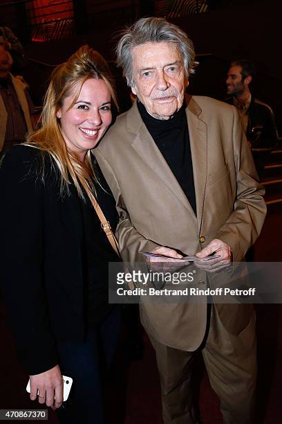 Prescilla Andreani and Director Jean-Pierre Mocky attend French Humorists Regis Laspales and Philippe Chevallier perform in their show "Vous...