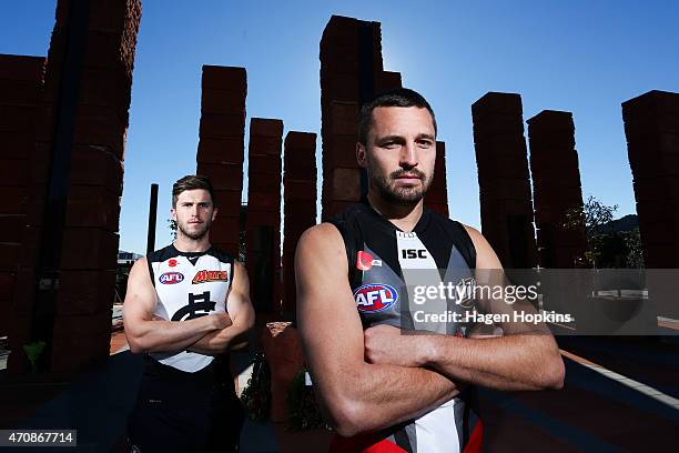 Captains Marc Murphy of Carlton and Jarryn Geary of St Kilda pose in front of the Australian Memorial following an AFL press conference at the...