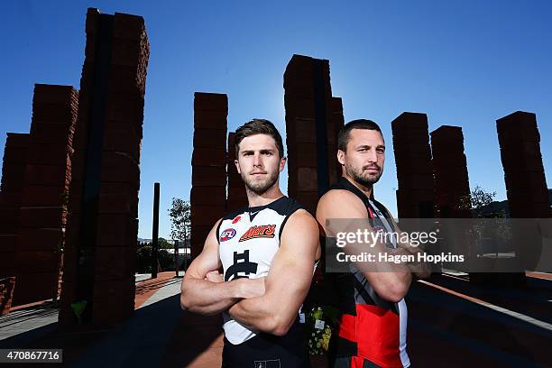 Captains Marc Murphy of Carlton and Jarryn Geary of St Kilda pose in front of the Australian Memorial following an AFL press conference at the...