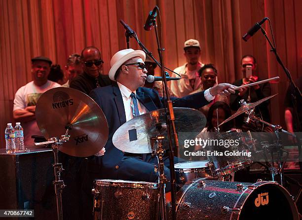 Joseph "Zigaboo" Modeliste of the original Meters performs during the Jazz Fest Postal Cachet unveiling at George and Joyce Wein Jazz & Heritage...