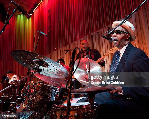 Art Neville, Leo Nocentelli, George Porter Jr and Joseph "Zigaboo" Modeliste of the original The Meters perform during the Jazz Fest Postal Cachet...