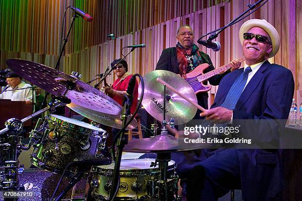 Art Neville, Leo Nocentelli, George Porter Jr and Joseph "Zigaboo" Modeliste of the original The Meters perform during the Jazz Fest Postal Cachet...