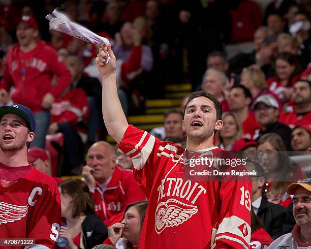 Fan cheers in Game Three of the Eastern Conference Quarterfinals during the 2015 NHL Stanley Cup Playoffs between the Detroit Red Wings and the Tampa...