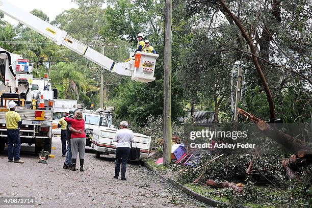 Clean up in North Avoca to fix power lines continues on April 24, 2015 in Gosford, Australia. Gosford City and Wyong shire have official been...