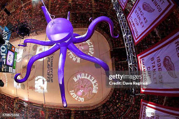 Al the Octopus is dropped from the rafters before Game Four of the Eastern Conference Quarterfinals between the Tampa Bay Lightning and the Detroit...