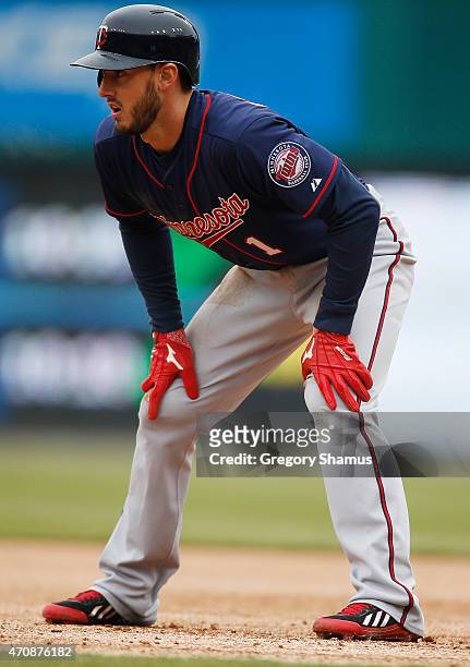 Jordan Schafer of the Minnesota Twins leads off of first base during the game against the Detroit Tigers at Comerica Park on April 8, 2015 in...