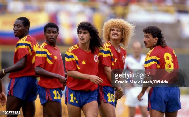 June 1990 FIFA World Cup - Yugoslavia v Colombia, Colombian defensive wall Freddy Rincon, Bernardo Redin, Leonel Alvarez, Carlos Valderrama and...