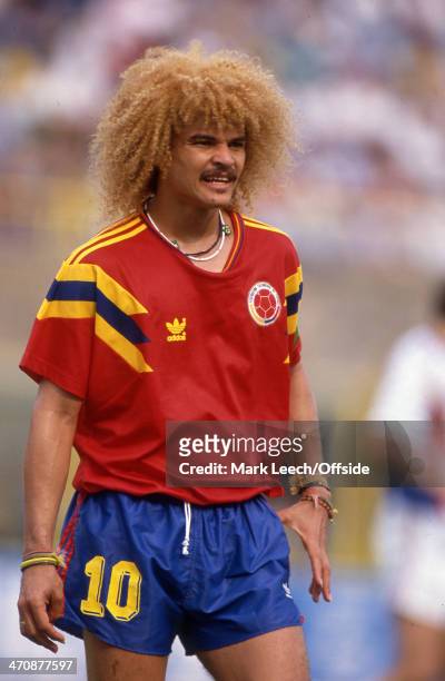 June 1990 FIFA World Cup - Yugoslavia v Colombia, Carlos Valderrama captain of Colombia.