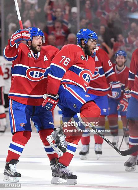 Subban of the Montreal Canadiens celebrates after scoring a goal against the Ottawa Senators in Game Two of the Eastern Conference Quarterfinals...