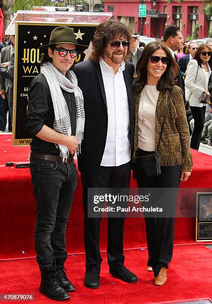 Dhani Harrison, Jeff Lynne and Olivia Harrison attend a ceremony honoring Jeff Lynne with a Star on The Hollywood Walk of Fame on April 23, 2015 in...