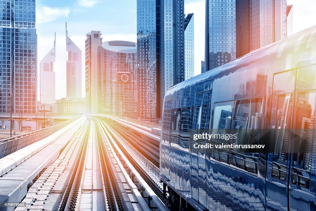 Metro train downtown in Dubai