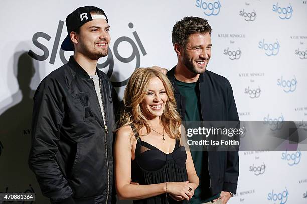 Jimi Blue Ochsenknecht, Kylie Minogue and Jochen Schropp attend the Kylie Minogue For Sloggi Collection Presentation on April 23, 2015 in Berlin,...