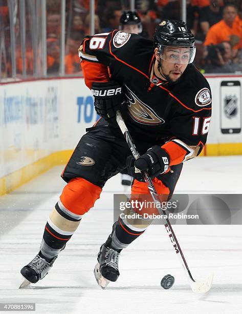 Emerson Etem of the Anaheim Ducks handles the puck against the Winnipeg Jets in Game One of the Western Conference Quarterfinals during the 2015 NHL...