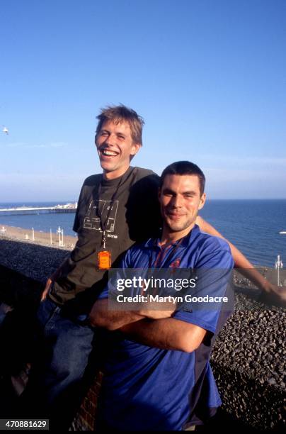 Groove Armada, L To R Andy Cato and Tom Findlay, pose for a portrait at Big Beach Boutique 1, Brighton Beach , United Kingdom, 2002.