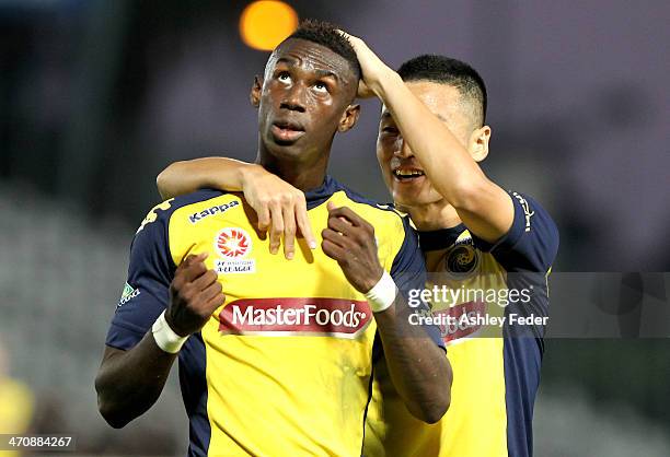 Bernie Ibini and Kim Seung-Yong of the Mariners celebrate a goal during the round 20 A-League match between the Central Coast Mariners and the...