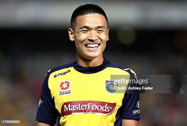 Kim Seung-Yong of the Mariners reacts to a decision during the round 20 A-League match between the Central Coast Mariners and the Wellington Phoenix...