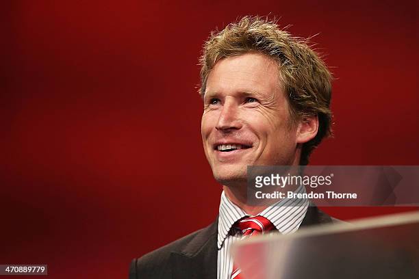 Former Swans player, Craig Bolton speaks on stage after being inducted into the Sydney Swans Hall of Fame during the Sydney Swans AFL guernsey...