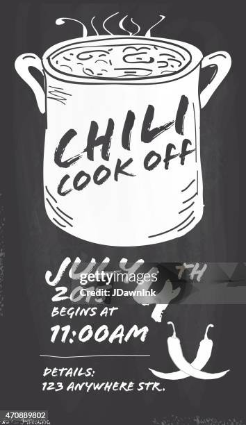 hand drawn chili cookoff einladung design-vorlage auf tafel hintergrund - chili cook off stock-grafiken, -clipart, -cartoons und -symbole