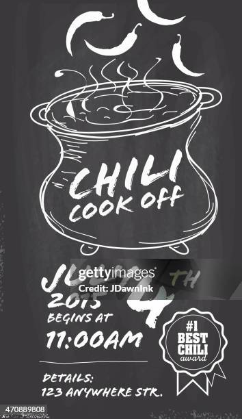 hand drawn chili cookoff invitation design template on chalkboard background - cooking contest stock illustrations