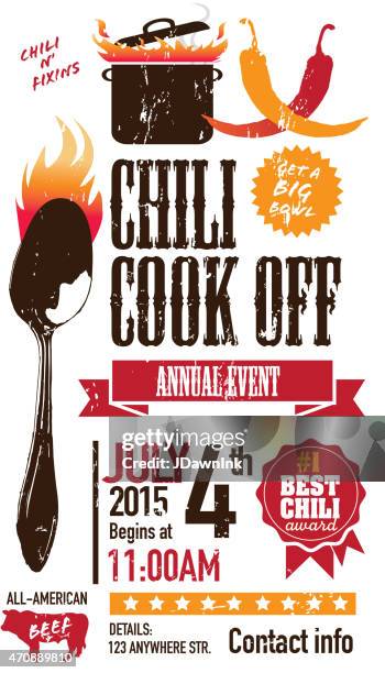 red chili cookoff einladung design-vorlage auf weißem hintergrund - chili cook off stock-grafiken, -clipart, -cartoons und -symbole