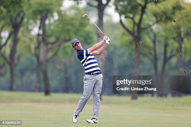 Matteo Manassero of Italy plays a shot during the day two of the Volvo China Open at Tomson Shanghai Pudong Golf Club on April 24, 2015 in Shanghai,...