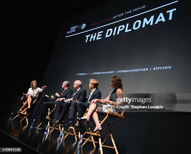Panel moderator Katie Couric, diretor David Holbrooke, New York Times columnist Roger Cohen, Ronan Farrow, and producer Stacey Reiss attend the panel...