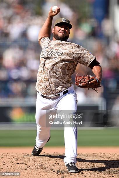 Joaquin Benoit of the San Diego Padres pitches in the game against the San Francisco Giants at Petco Park on April 12, 2015 in San Diego, California.