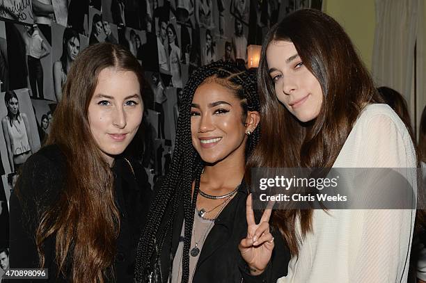 Musicians Alana Haim of Haim, Jhene Aiko and Danielle Haim of Haim attend Opening Ceremony and Calvin Klein Jeans' celebration launch of the...