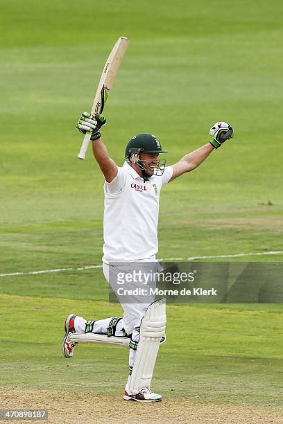De Villiers of South Africa celebrates reaching 100 runs during day two of the Second Test match between South Africa and Australia at AXXESS St...