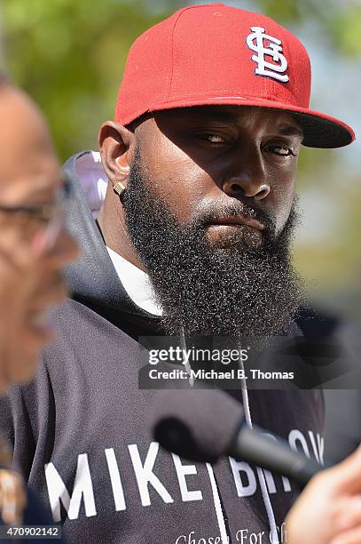 Father of slain 18 year-old Michael Brown Jr. Attends a press conference outside the St. Louis County Court Building on April 23, 2015 in Clayton,...