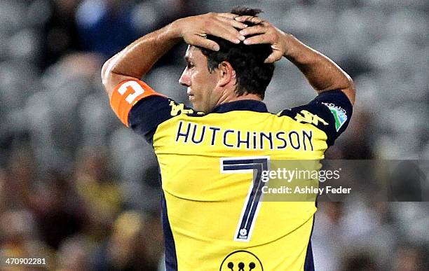 John Hutchinson of the Mariners looking dejected during the round 20 A-League match between the Central Coast Mariners and the Wellington Phoenix at...