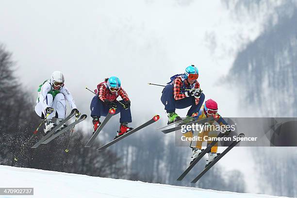 Ophelie David of France, Kelsey Serwa of Canada, Marielle Thompson of Canada and Anna Holmlund of Sweden compete in the Freestyle Skiing Womens' Ski...