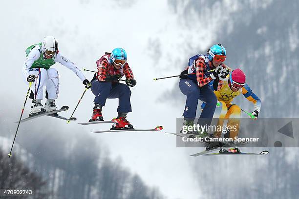 Ophelie David of France, Kelsey Serwa of Canada, Marielle Thompson of Canada and Anna Holmlund of Sweden compete in the Freestyle Skiing Womens' Ski...