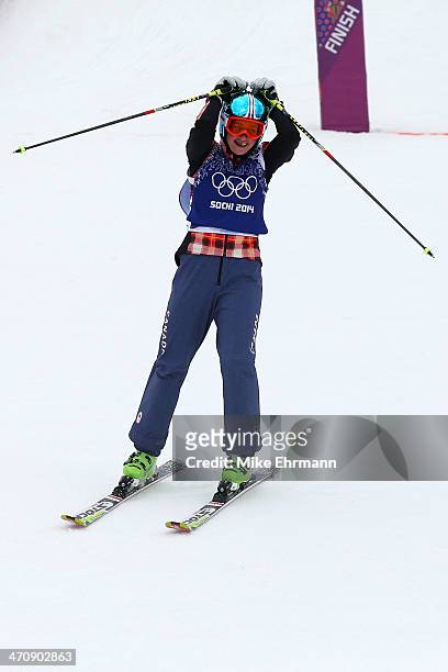 Marielle Thompson of Canada celebrates winning the gold medal in the Freestyle Skiing Womens' Ski Cross Final on day 14 of the 2014 Winter Olympics...