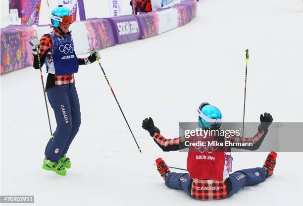Marielle Thompson of Canada celebrates winning the gold medal with silver medalist Kelsey Serwa of Canada in the Freestyle Skiing Womens' Ski Cross...
