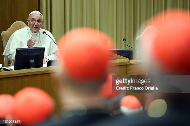 Pope Francis attends the morning session of Extraordinary Consistory on the themes of Family at the Synod Hall on February 21, 2014 in Vatican City,...