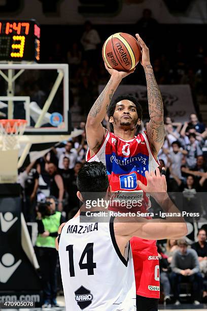 LaQuinton Ross of Consultinvest competes with Valerio Mazzola of Granarolo during the LegaBasket match between Virtus Granarolo Bologna and...