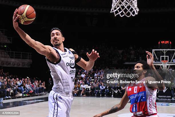 Valerio Mazzola of Granarolo competes with LaQuinton Ross of Consultinvest during the LegaBasket match between Virtus Granarolo Bologna and...