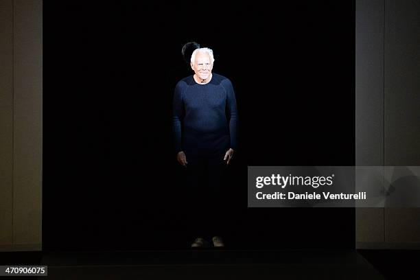 Designer Giorgio Armani acknowledges the applause of the audience after the Emporio Armani Show during Milan Fashion Week Womenswear Autumn/Winter...