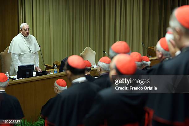 Pope Francis attends the morning session of Extraordinary Consistory on the themes of Family at the Synod Hall on February 21, 2014 in Vatican City,...