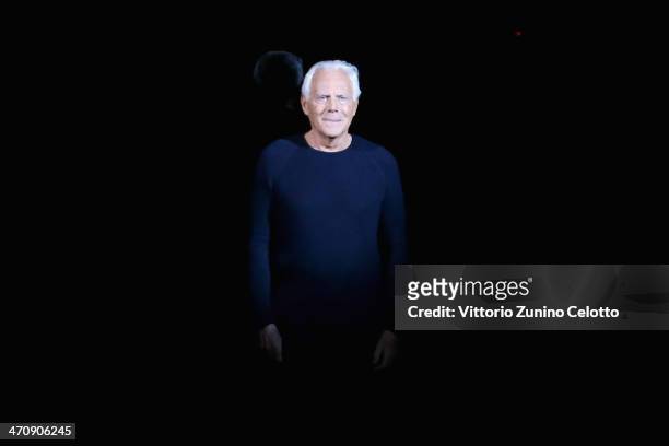 Designer Giorgio Armani acknowledges the applause of the audience during the Emporio Armani show as part of Milan Fashion Week Womenswear...