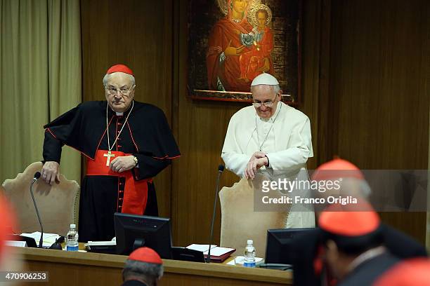 Pope Francis, flanked by cardinal Angelo Sodano attends the morning session of Extraordinary Consistory on the themes of Family at the Synod Hall on...