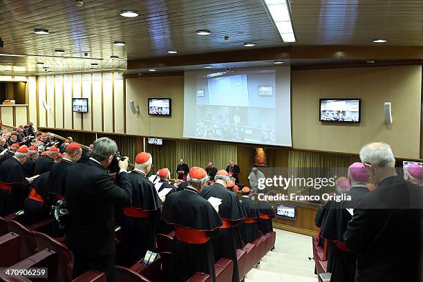 Pope Francis, flanked by cardinal Angelo Sodano attends the morning session of Extraordinary Consistory on the themes of Family at the Synod Hall on...