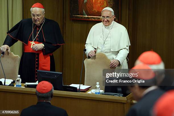 Pope Francis, flanked by cardinal Angelo Sodano attends the morning session of Extraordinary Consistory on the themes of Family at the Synod Hall on...