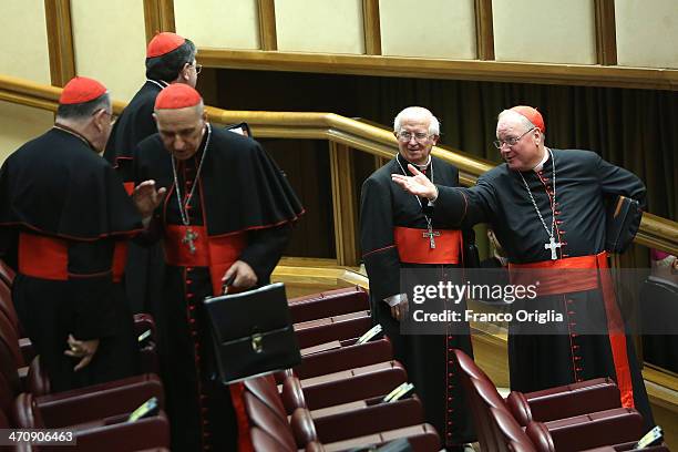 Cardinal and archbishop of New York Timothy Dolan greets cardinals during the morning session of Extraordinary Consistory on the themes of Family at...