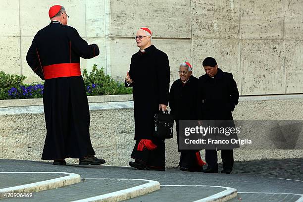 Cardinal and archbishop of New York Timothy Dolan greets Archbishop of Sao Paulo cardinal Odilo Pedro Scherer as he arrives at Vatican for the...