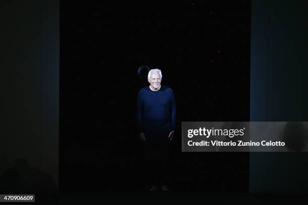 Designer Giorgio Armani acknowledges the applause of the audience during the Emporio Armani show as part of Milan Fashion Week Womenswear...